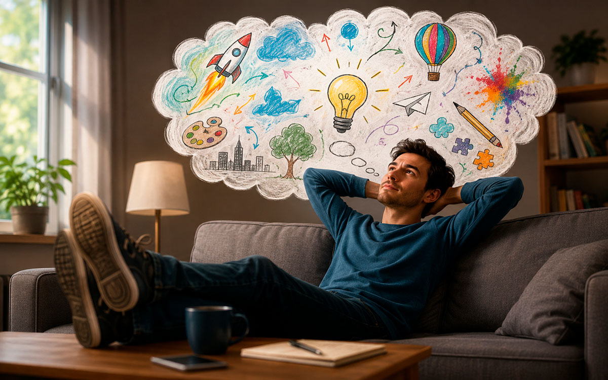 Person daydreaming on a sofa while creative ideas and imaginative thoughts appear above their head