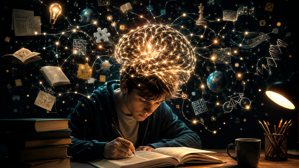 Person learning at a desk while glowing neural connections and symbols represent memory, learning and knowledge formation in the brain.