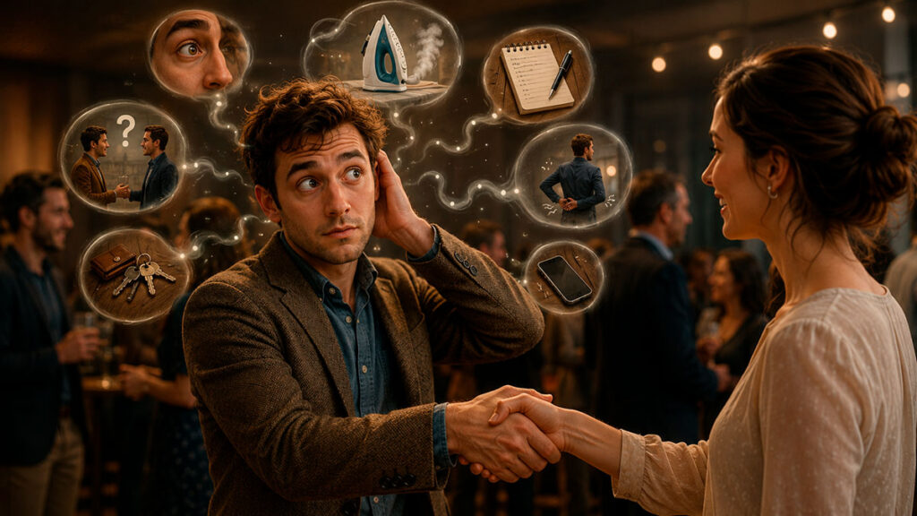 Person meeting someone new while distracted by multiple thoughts, illustrating how people forget names