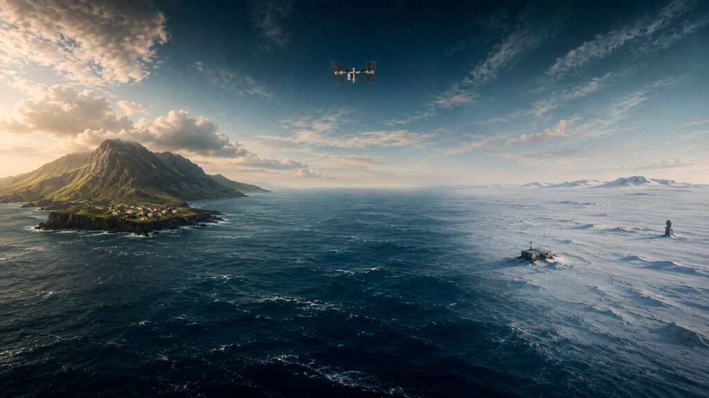 Illustration of Earth's most remote places featuring Point Nemo, Tristan da Cunha and Antarctica's Pole of Inaccessibility