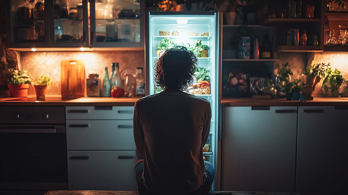 Person sitting in front of an open refrigerator while daydreaming.