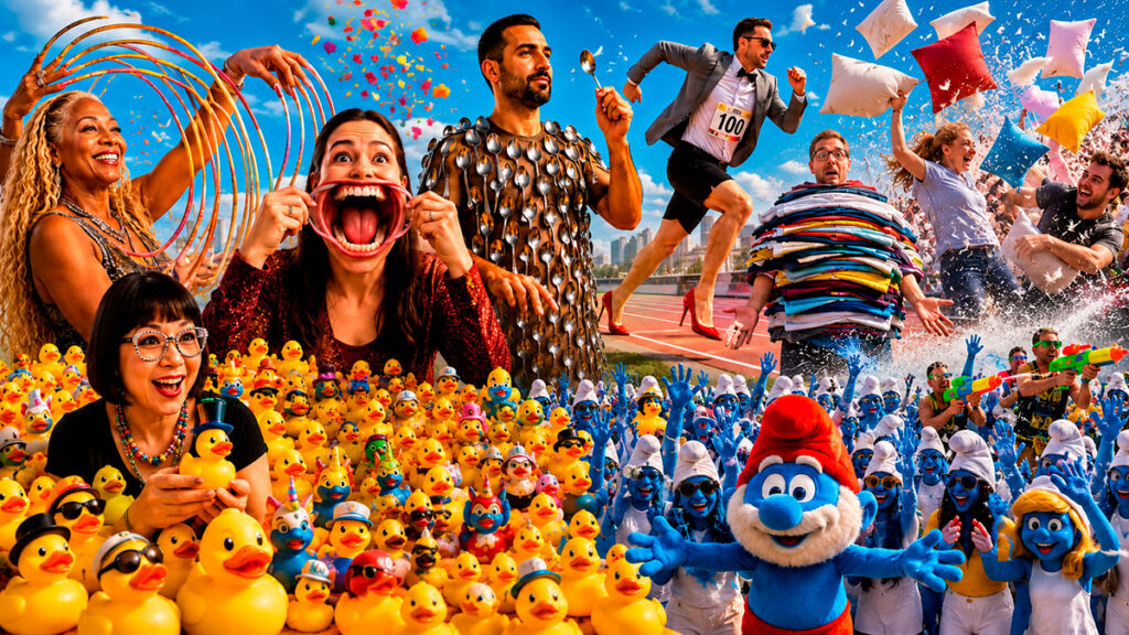 Collage of bizarre world records including rubber ducks, a spoon-covered man, a high-heel sprint, a giant pillow fight and thousands of Smurfs