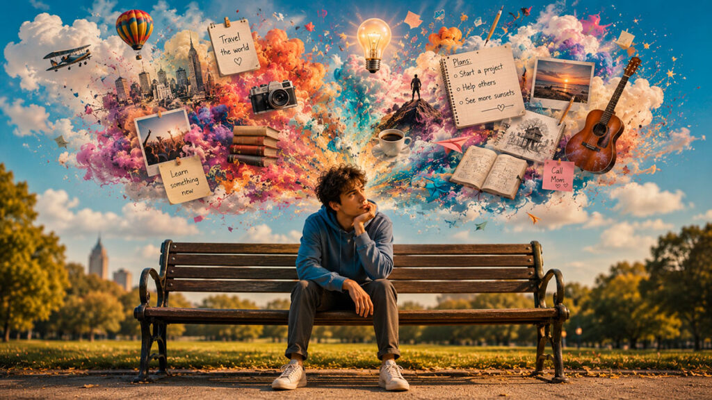 Young man sitting on a park bench while ideas, memories and daydreams swirl above their head, illustrating the science of boredom.