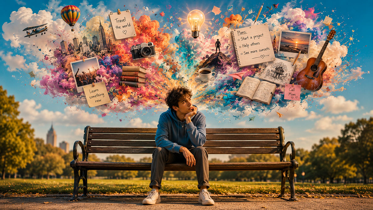 Young man sitting on a park bench while ideas, memories and daydreams swirl above their head, illustrating the science of boredom.